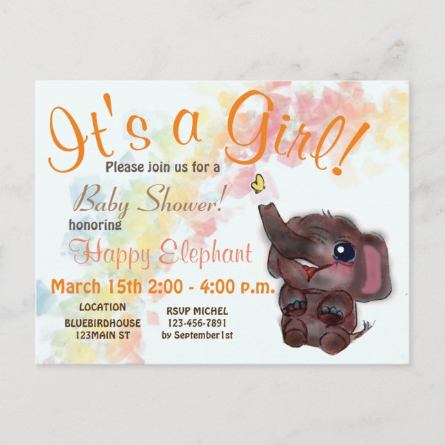 Baby Shower Regnbåge och Elefant Doodle Art Meddel Meddelande Vykort (Framsida)