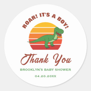 Baby Shower Retro Solnedgång Dinosaurie Ryter Det Runt Klistermärke