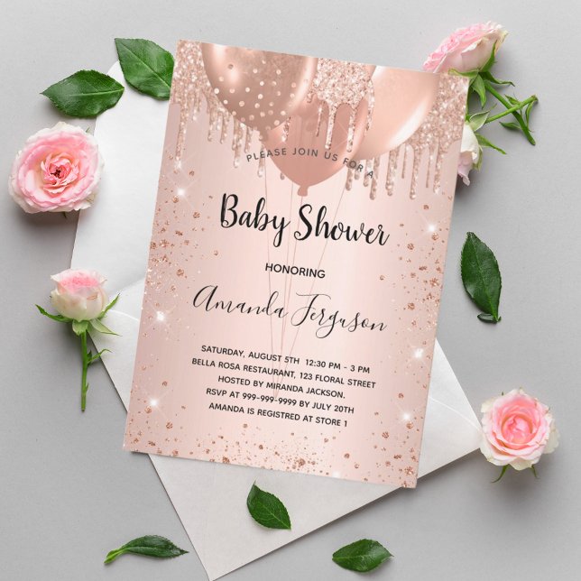 Baby Shower ro guld glitter droppar ballonger flic Inbjudningar (Skapare uppladdad)