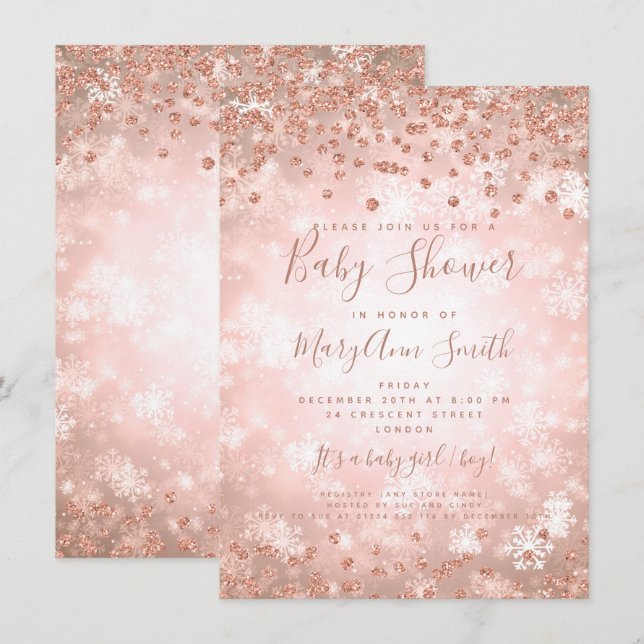 Baby Shower Ro Guld Glitter Winter Wonderland Inbjudningar (Fram/baksida)