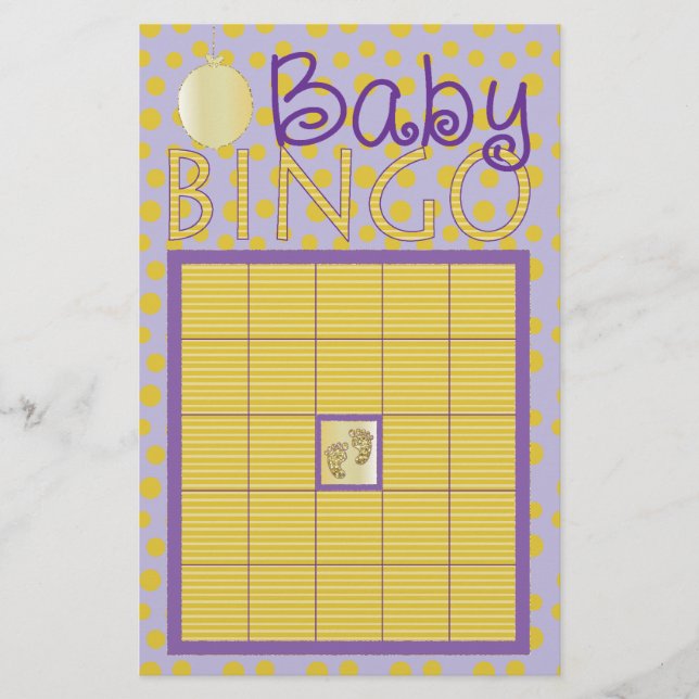 Baby Shower Rosa BINGO "Dots, Rand/Lila, Guld" Flygblad (Framsidan)