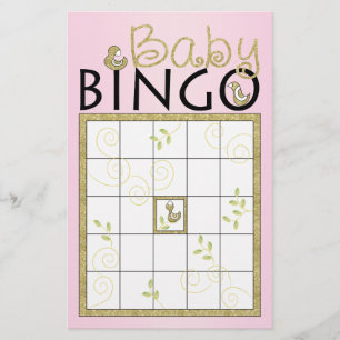 Baby Shower Rosa BINGO "Guld Birds" Flygblad