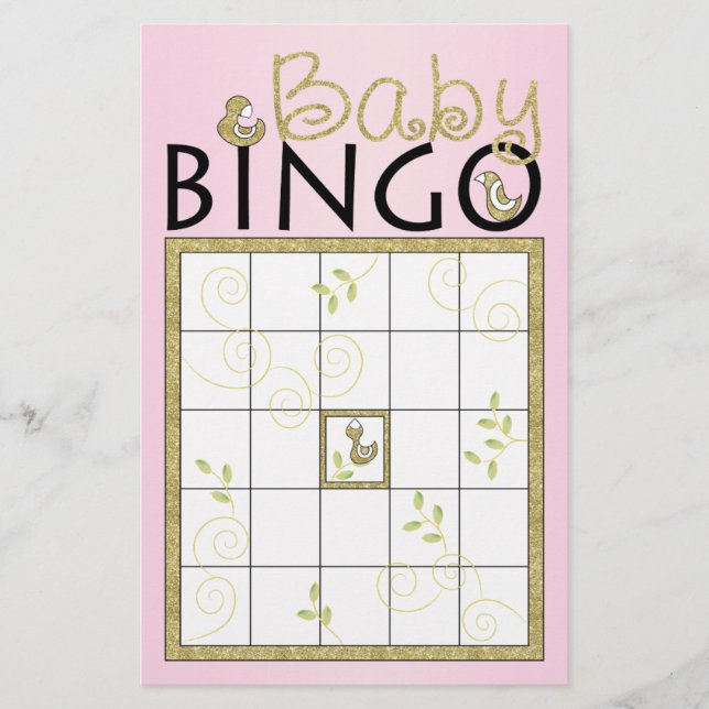 Baby Shower Rosa BINGO "Guld Birds" Flygblad (Framsidan)