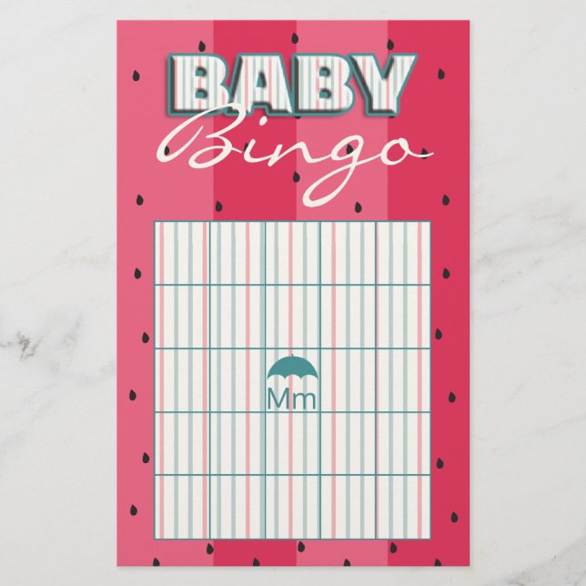 Baby Shower Rosa BINGO "Paraply Vattenmelon" Flygblad (Framsidan)