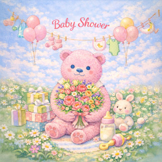 Baby Shower – Rosa Björn Blommig Illustration Kort
