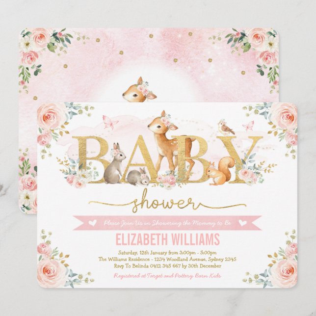 Baby Shower  Rosa Blommigt Forest Inbjudningar (Fram/baksida)