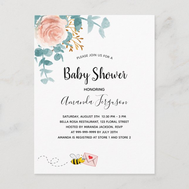 Baby Shower rosa blommigt grey mamma to be Vykort (Framsida)