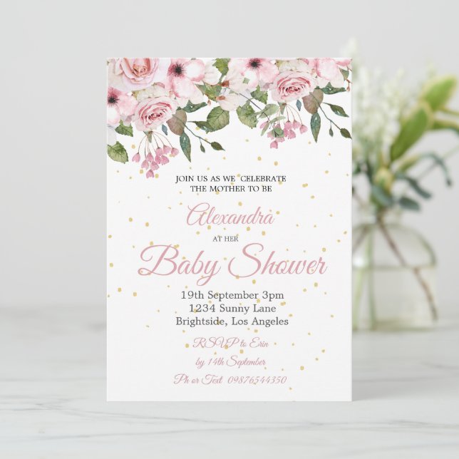Baby Shower Rosa Blommigt Guld Chic Inbjudningar (Stående Fram)