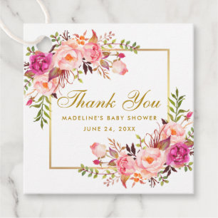 Baby Shower Rosa  Blommigt Guld Ram Tack Gåvor Etiketter