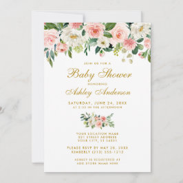 Baby Shower Rosa Blommigt White Guld Inbjudan