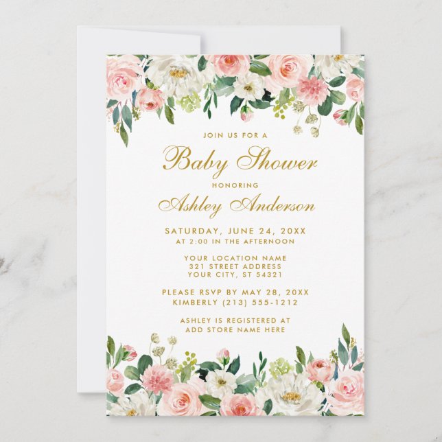 Baby Shower Rosa  Blommigt White Guld Inbjudan G (Framsida)