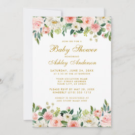 Baby Shower Rosa  Blommigt White Guld Inbjudan G