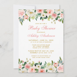 Baby Shower Rosa  Blommigt White Guld Inbjudan GP