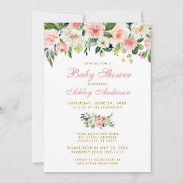 Baby Shower Rosa Blommigt White Guld Inbjudan GP