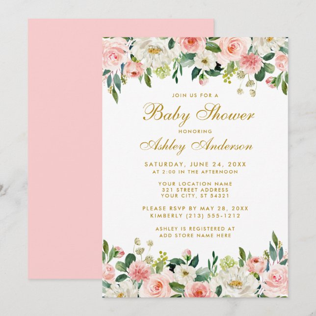 Baby Shower Rosa  Blommigt White Guld Inbjudan GP (Fram/baksida)