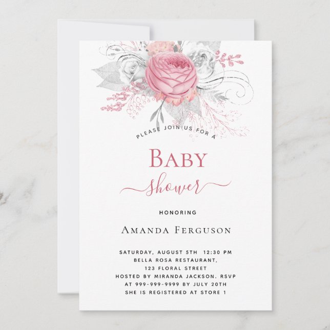 Baby shower rosa blommor elegant silver vit flicka inbjudningar (Framsida)