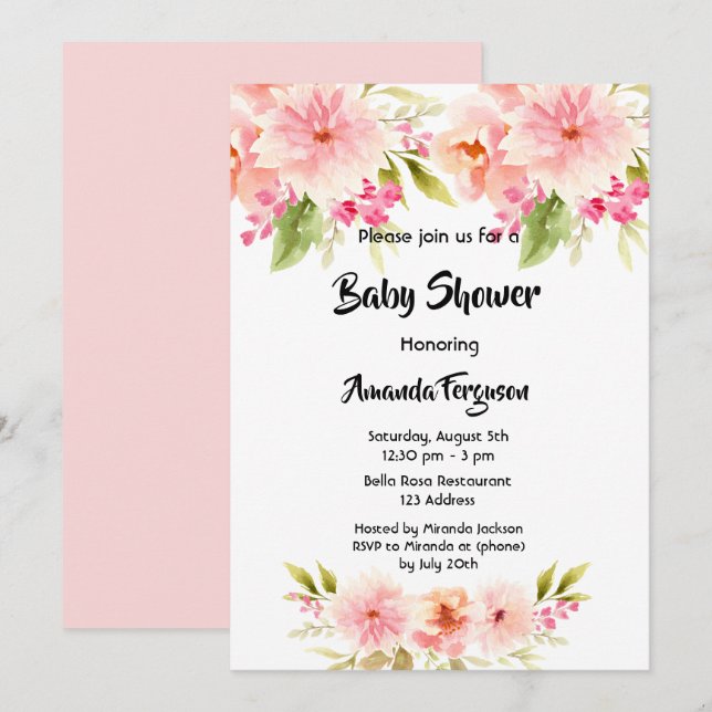 Baby Shower rosa blommor vit flicka Inbjudningar (Fram/baksida)