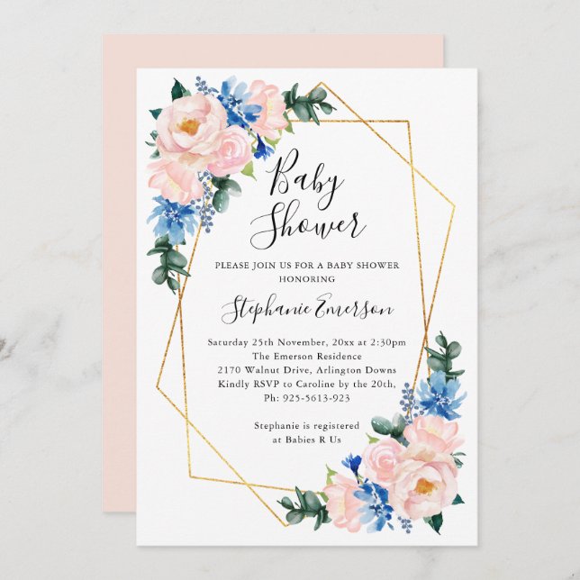 Baby Shower Rosa Blue-Blommigt Inbjudningar (Fram/baksida)