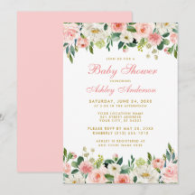 Baby Shower Rosa Blush Blommig Vit Guld Inbjudan P