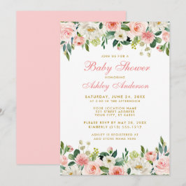 Baby Shower Rosa Blush Blommig Vit Guld Inbjudan P