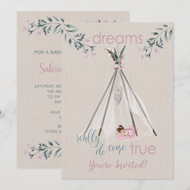 Baby Shower Rosa Boho Tipi DreamCatcher Inbjudningar (Fram/baksida)