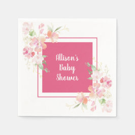 Baby Shower | Rosa Coral Guld Blommigt Watercolor Pappersservett