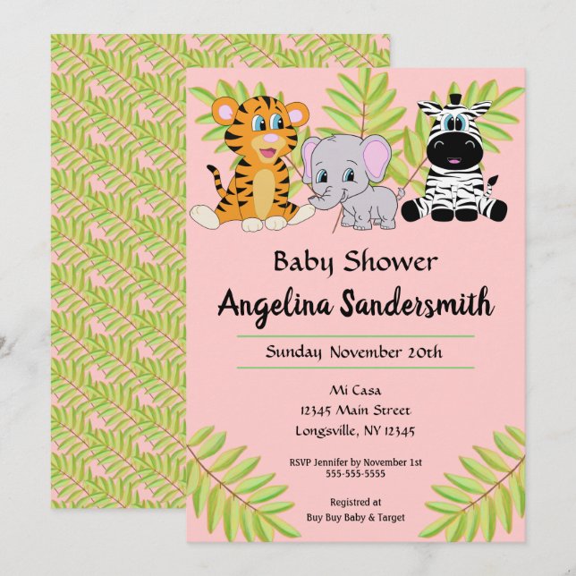 Baby Shower Rosa Cute Animal Safari Jungle Baby Sh Inbjudningar (Fram/baksida)