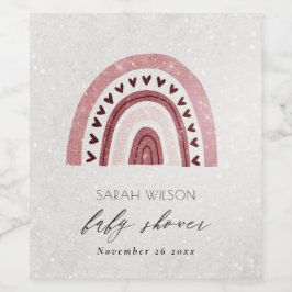 BABY SHOWER ROSA CUTE GLITTER  HEART RAINBOW VINFLASKA ETIKETT