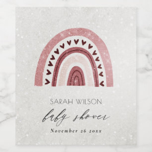 BABY SHOWER ROSA CUTE GLITTER  HEART RAINBOW VINFLASKA ETIKETT