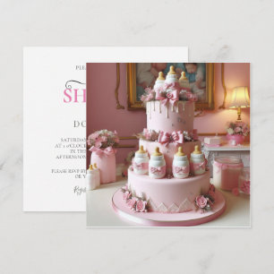 Baby Shower Rosa Dekorerad Tårta med Nappflaskor Inbjudningar