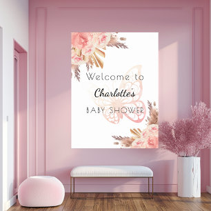 Baby Shower rosa fjäril rosor pampas välkommen Poster