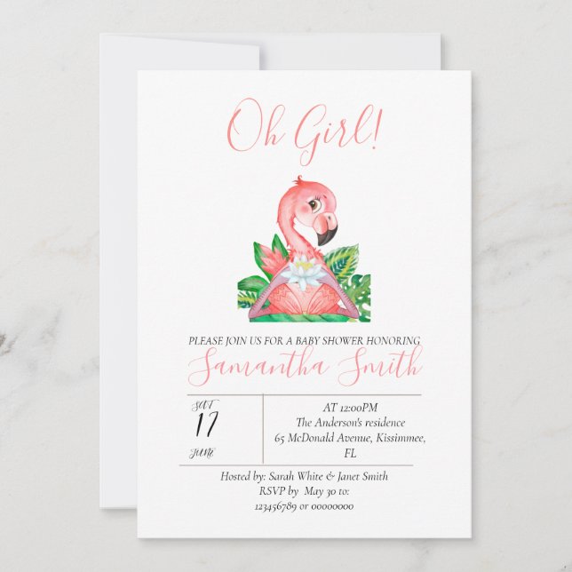 Baby Shower Rosa Flamingo Jungle Watercolor Inbjudningar (Framsida)
