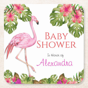 Baby Shower Rosa Flamingo Tropical Wildlife Underlägg Papper Kvadrat
