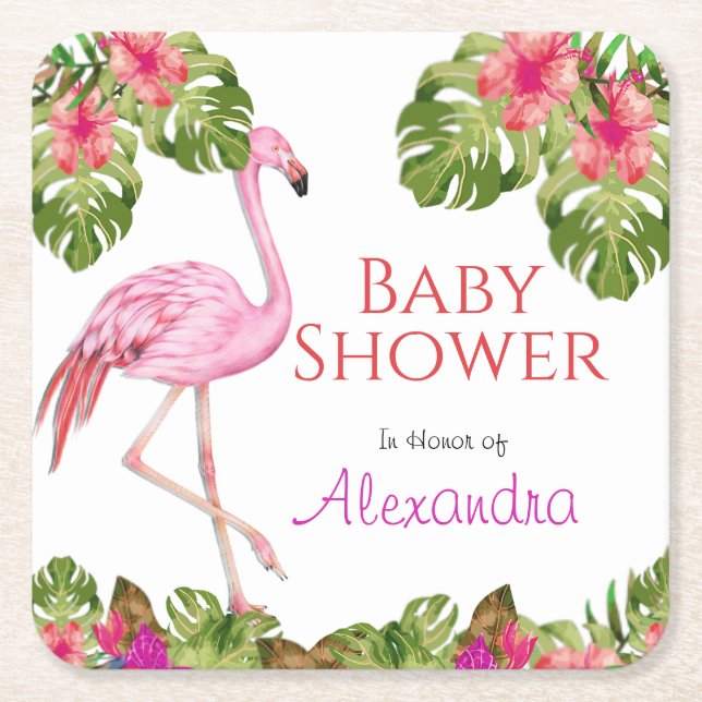 Baby Shower Rosa Flamingo Tropical Wildlife Underlägg Papper Kvadrat (Framsidan)