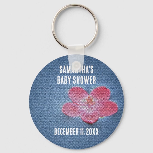 Baby Shower Rosa Flower Blue Vatten Keepsak Nyckelring (Framsida)