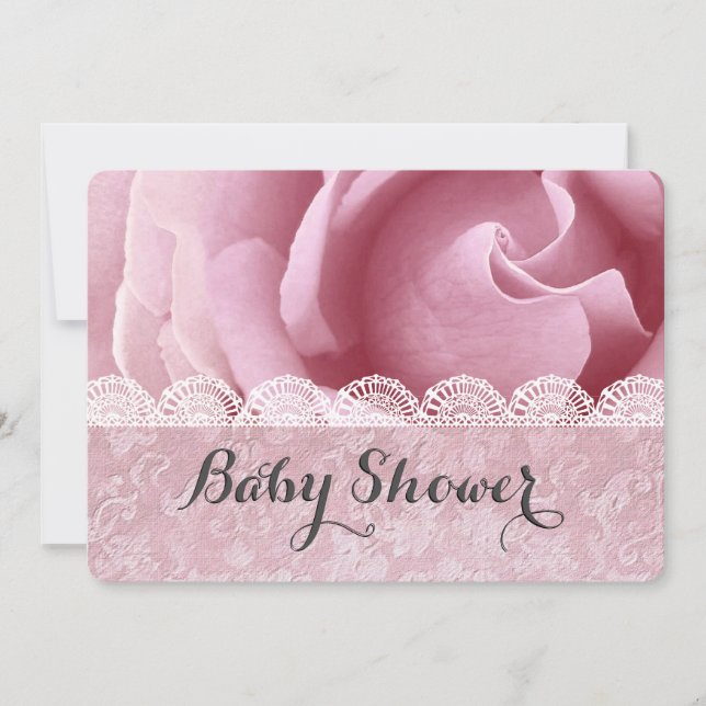 BABY SHOWER Rosa Flowers with Snöre and Damask A06 Inbjudningar (Framsida)