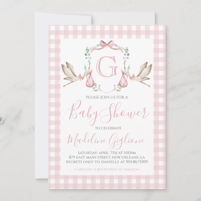 Baby Shower Rosa Gingham Stork Monogram Inbjudningar (Framsida)