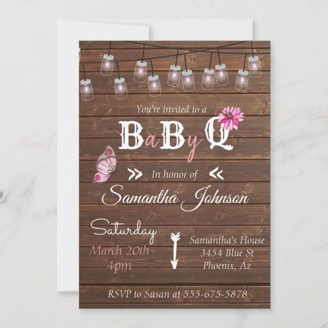 Baby Shower Rosa Girl Party BBQ Rustic Wood Inbjudningar (Framsida)
