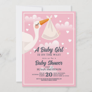 Baby Shower Rosa Girl Stork Clouds Inbjudningar
