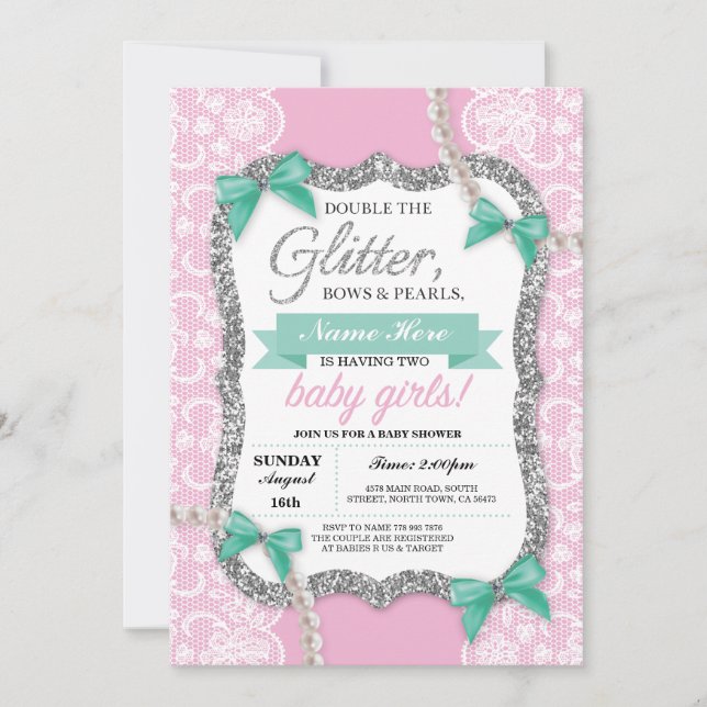 Baby Shower Rosa Glitter Bow Twillingars Girls Inb Inbjudningar (Framsida)