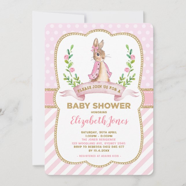 Baby Shower Rosa Guld Blommigt Bunny Rabbit Baby S Inbjudningar (Framsida)