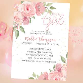 Baby Shower Rosa Guld Blommigt för Cute Girls Inbjudningar