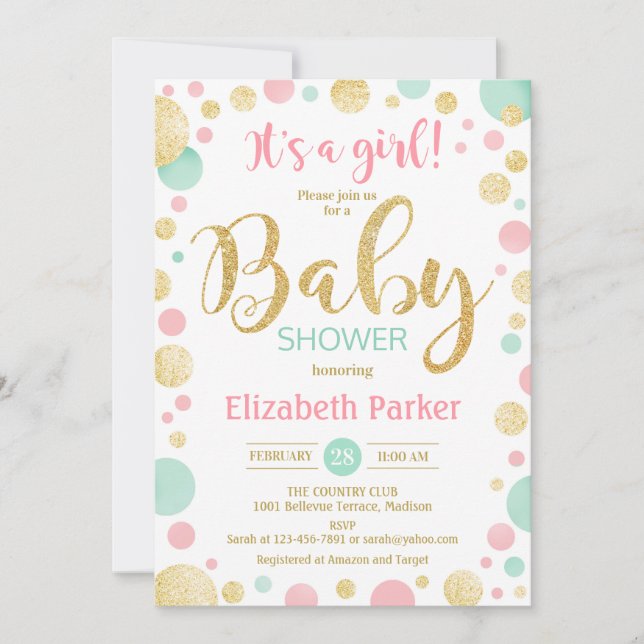 Baby Shower - Rosa Guld Mint Grönt Dots Inbjudningar (Framsida)