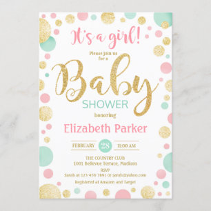 Baby Shower - Rosa Guld Mint Grönt Dots Inbjudningar