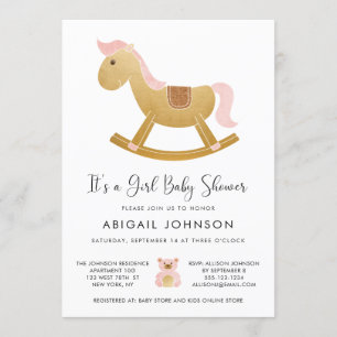 Baby Shower Rosa Guld Retro Rocking Horse Inbjudningar