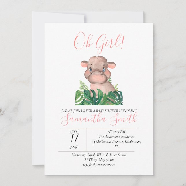 Baby Shower Rosa Hippo Jungle Watercolor Inbjudningar (Framsida)