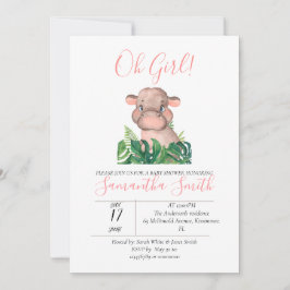 Baby Shower Rosa Hippo Jungle Watercolor Inbjudningar