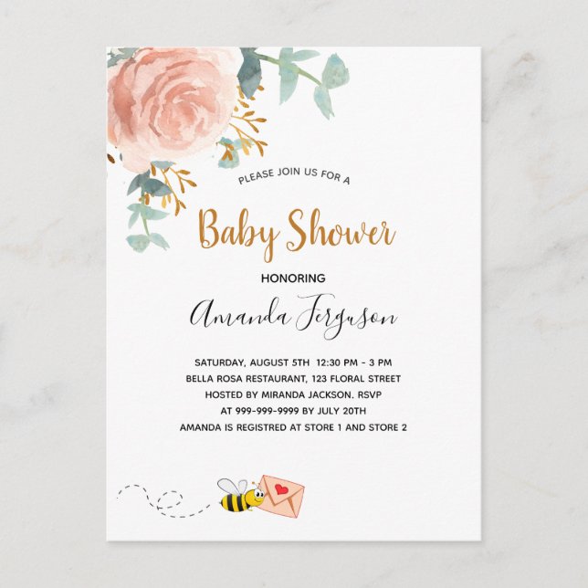 Baby Shower rosa humla blommigt Greenery Girl Inbjudan Vykort (Framsida)