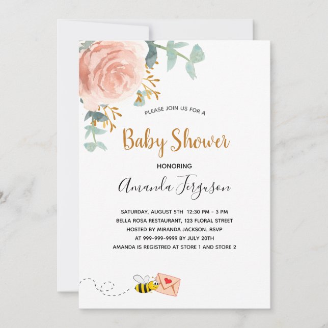 Baby Shower rosa humla blommigt Greenery Girl Inbjudningar (Framsida)