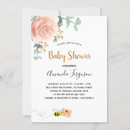 Baby Shower rosa humla blommigt Greenery Girl Inbjudningar